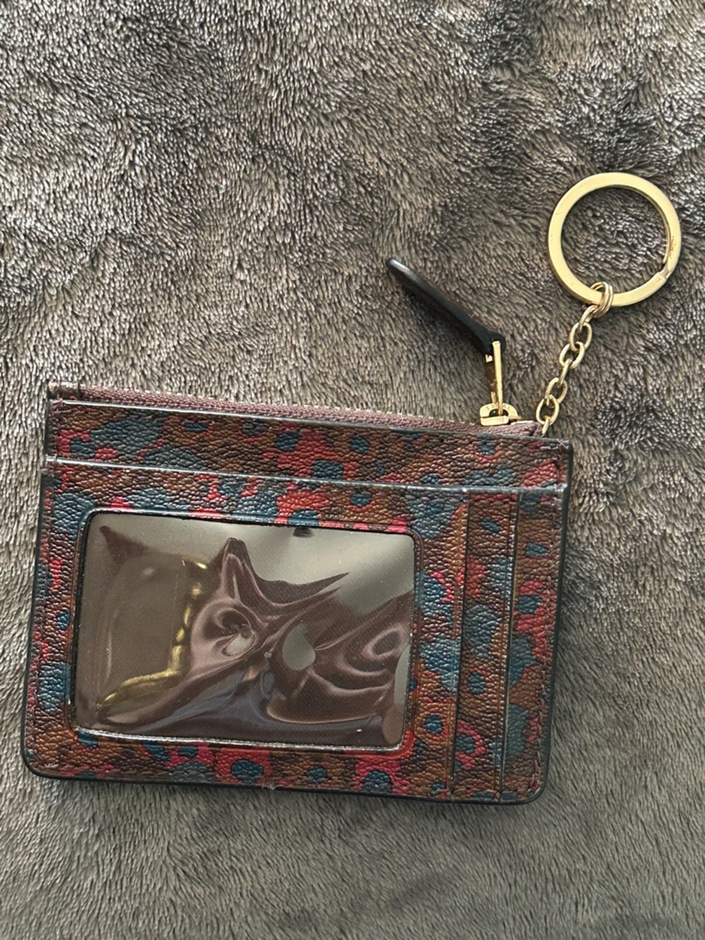 Coach Brown Floral Leather Card Pouch with Gold Key Ring - Picture 2 of 3